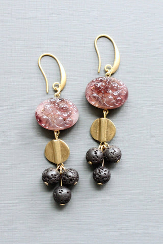 Purple and Jet Bead Cluster Earrings