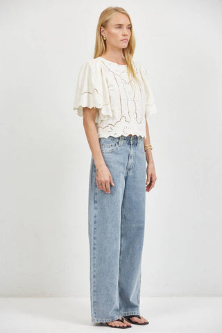 Woven Round Neck Short Sleeve Top with Back Slit