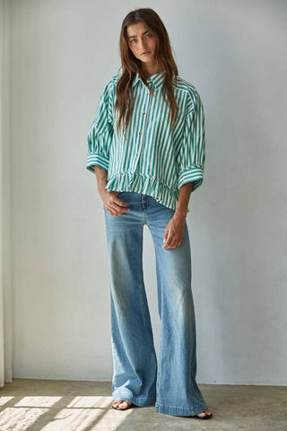 Sabrina Cotton Striped Button Down Ruffle Hem Shirt