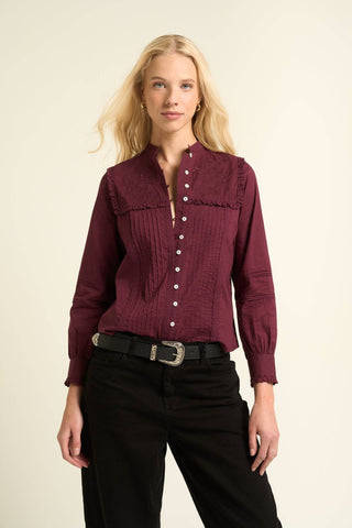 Mila Pintuck Lace Voile Blouse — Burgundy