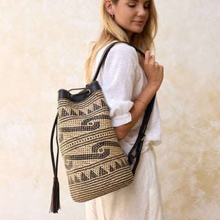 Rattan Sling Backpack - Tribal Patten Dark Leather - Large
