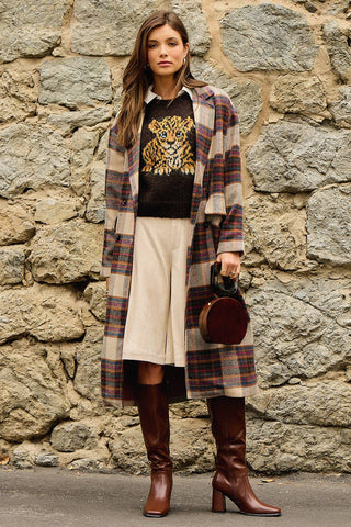 Ginger Snap Plaid Wool Blend Long Coat