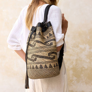 Rattan Sling Backpack - Tribal Patten Dark Leather - Large