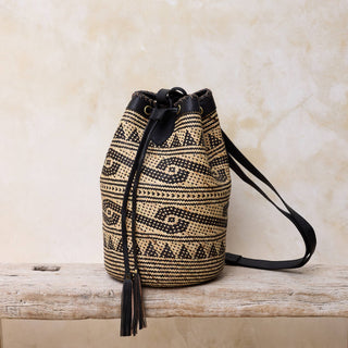 Rattan Sling Backpack - Tribal Patten Dark Leather - Large