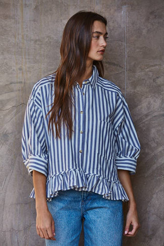Sabrina Cotton Striped Button Down Ruffle Hem Shirt
