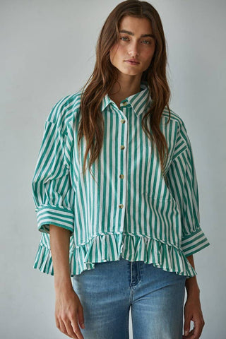 Sabrina Cotton Striped Button Down Ruffle Hem Shirt