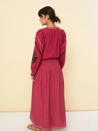Emily Embroidered Contrast Hem Cotton Midi Skirt