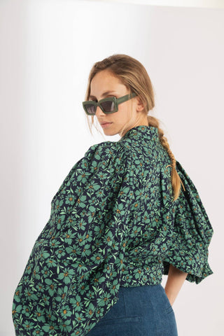 Samba Poplin Shirt - Green and Blue Ditsy Floral