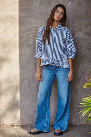 Sabrina Cotton Striped Button Down Ruffle Hem Shirt