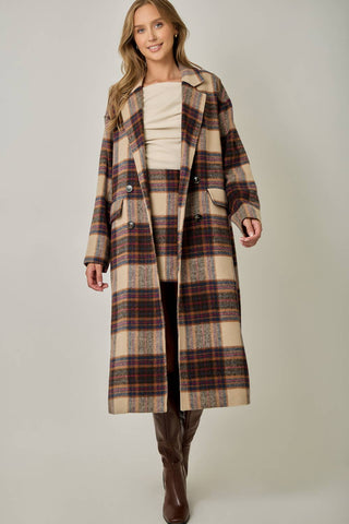 Ginger Snap Plaid Wool Blend Long Coat