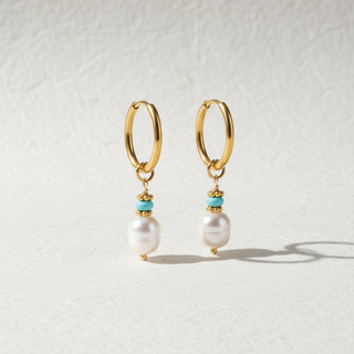 Golden Grace Pearl & Turquoise Agate Hoop Earrings