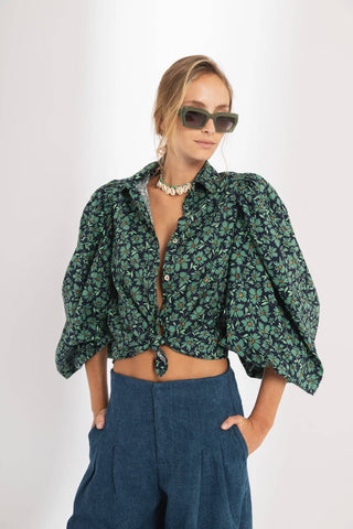 Samba Poplin Shirt - Green and Blue Ditsy Floral