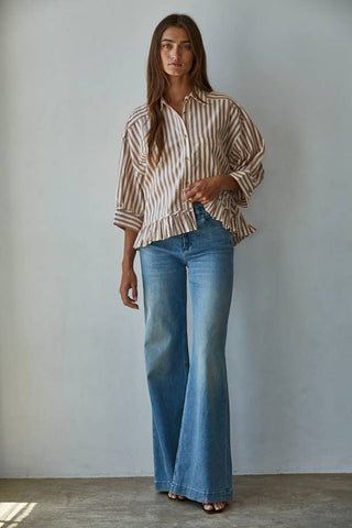 Sabrina Cotton Striped Button Down Ruffle Hem Shirt