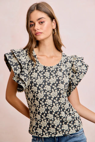 Colleen Floral Jacquard Ruffle Sleeve Top