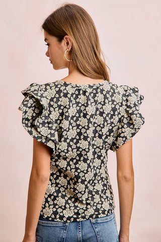 Colleen Floral Jacquard Ruffle Sleeve Top