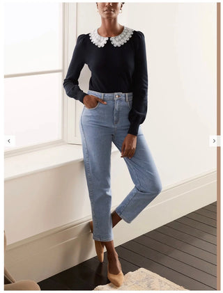 Harewood Woven Collar Sweater Navy by Boden