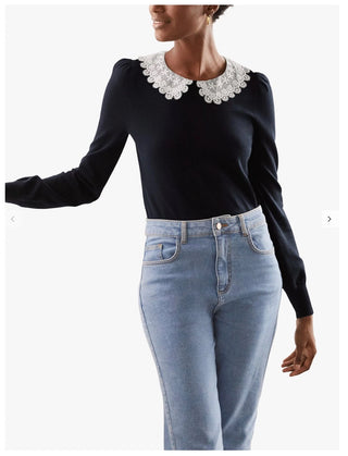 Harewood Woven Collar Sweater Navy by Boden